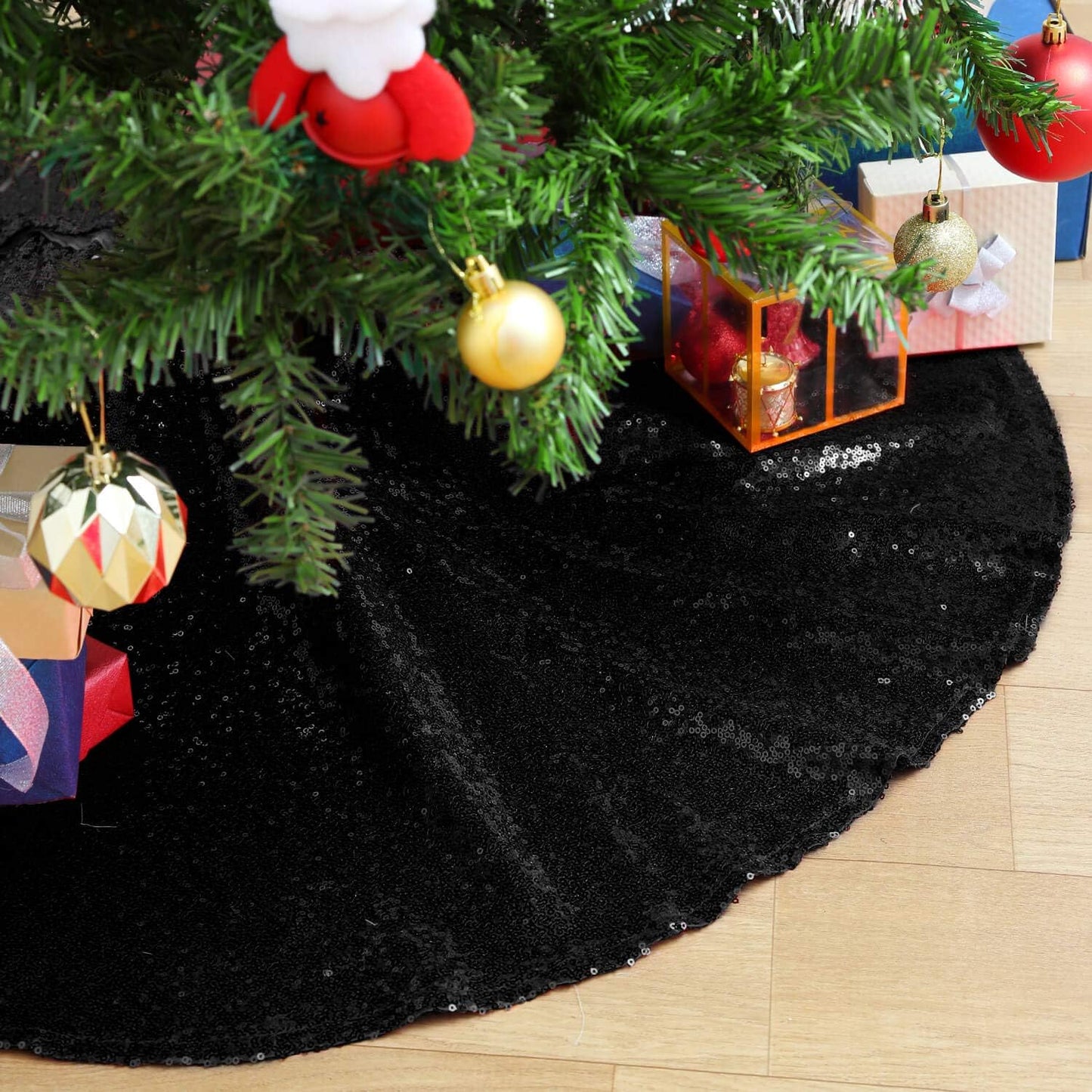 Glitter Black Tree Skirt 24 Inches Sequin Fabric Xmas Small Tree Skirt Tabletop Tree Christmas Halloween Party Ornaments