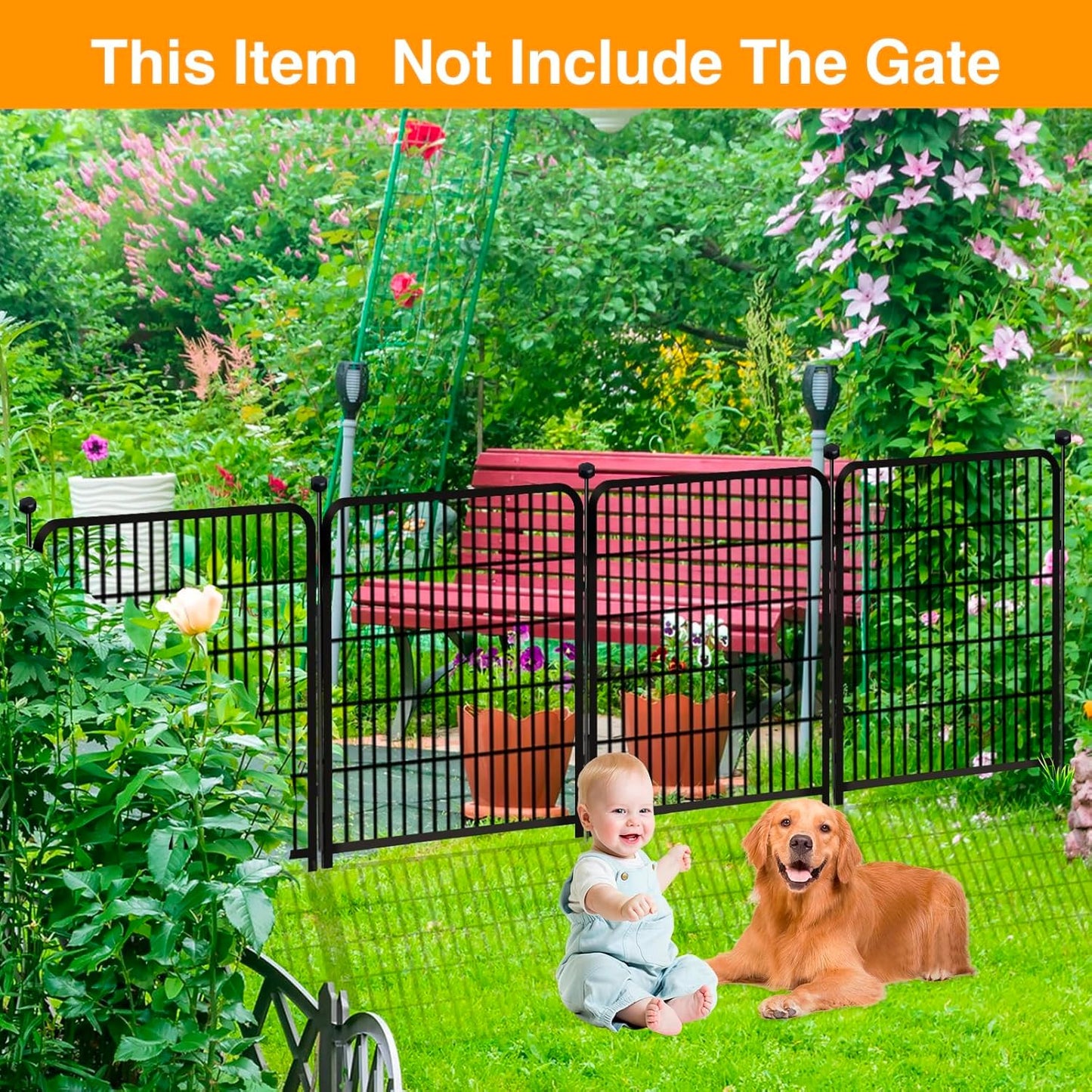 Doorless Animal Barrier Fence, 40in(H) 14 Panels Total 31 Ft(L), Garden Fences and Borders for Dogs, Anti Dig Fence Barrier, Black Metal Decorative Garden Fencing, Flower Bed Fencing