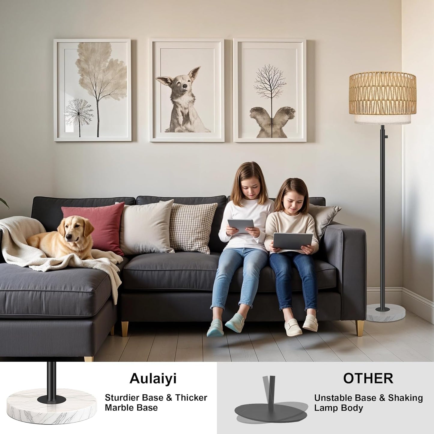 Floor Lamp for Bedroom,Dimmable Rattan Floor Lamp,Modern Standing Lamp with Marble Base,Tall Standing Lamp for Bedroom, Reading,Office & Kids' Room,LED Bulb Included(Rattan)