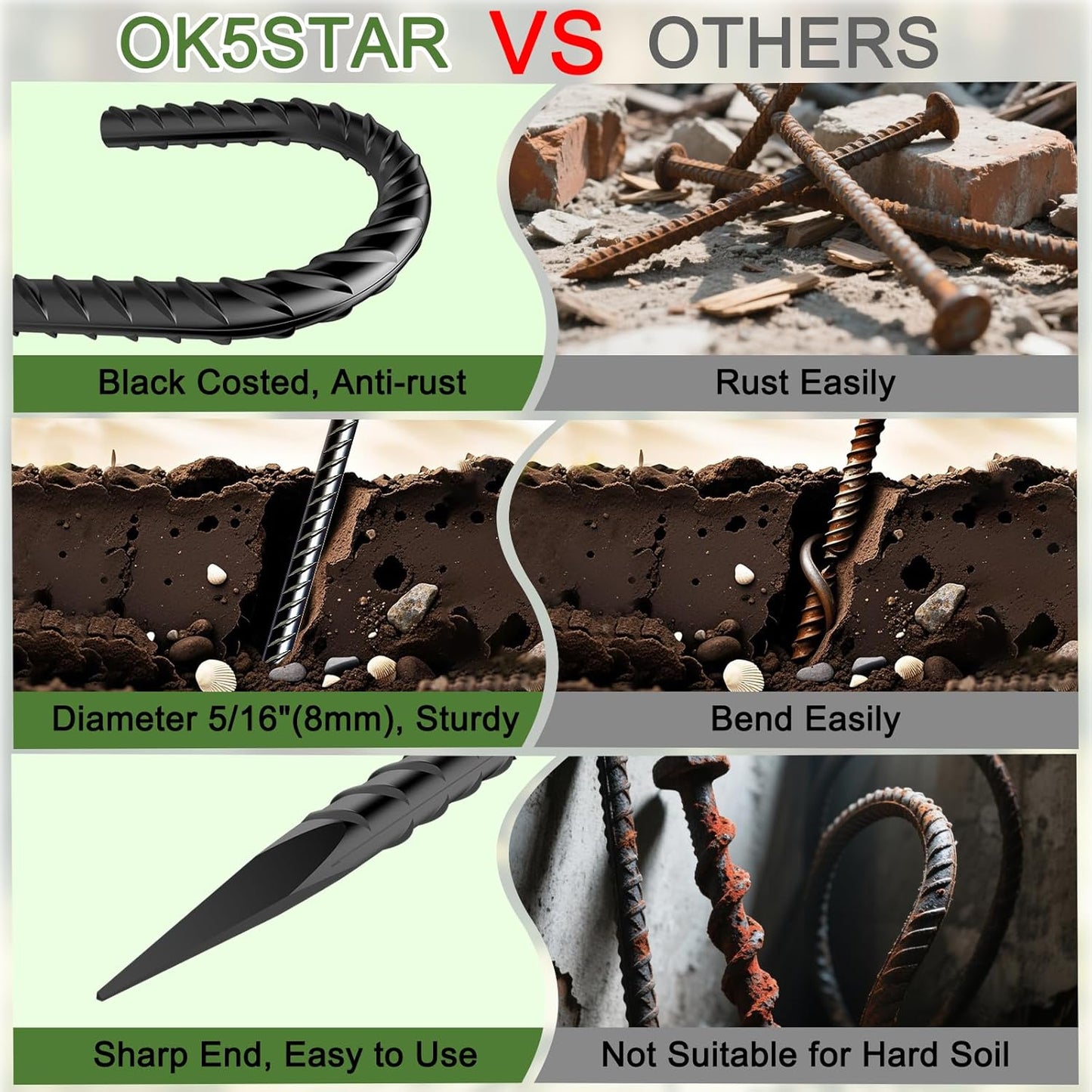 16" Ground Rebar Stakes Heavy Duty J Hook Ground Anchors, 5/16 inch Curved Steel Tent Stakes Anti Rust Steel Ground Stakes for Chain Link Wire Fencing, Pack of 40, Black