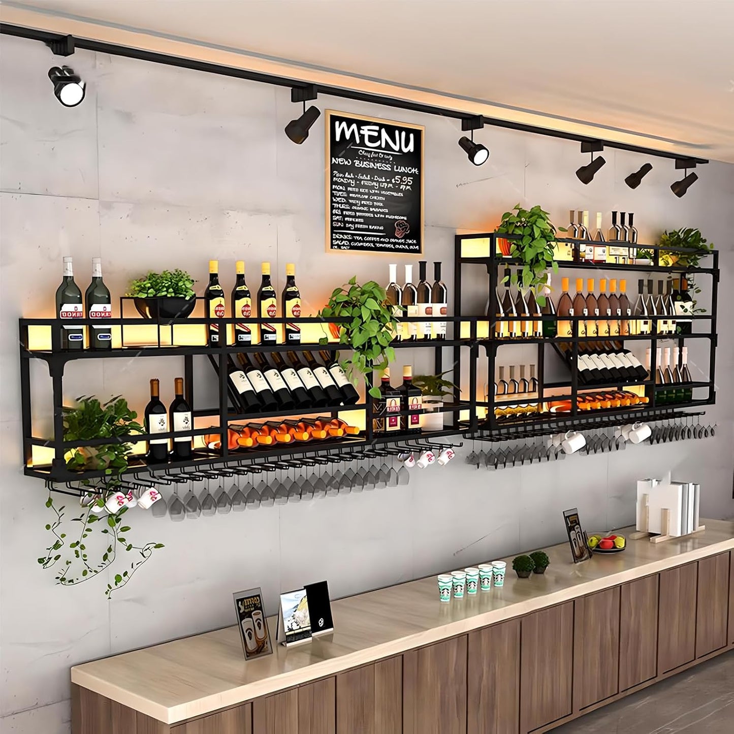 39.1in Wall Mounted Wine Rack, Wine Rack Wall Mounted With Wine Glass Rack, Metal Bar Bottle Display Shelf Wine Cups Hanging Holder, For Home Bar Cafe Dining Room Decoration (BLACK, 39.1*10*35.5inch)