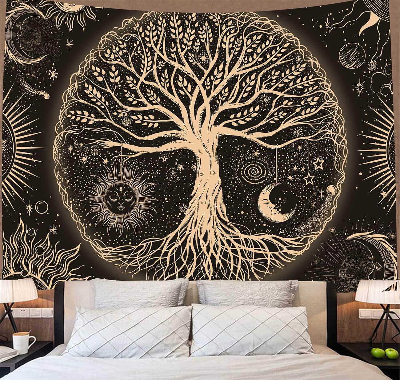 FORATER Tree of Life Tapestry Wall Hanging Sun Moon Stars Tapestries Aesthetic Galaxy Wall Tapestry Nature Home Decoration for Living Room Bedroom(61 x 82 Inch, Black and Gold)