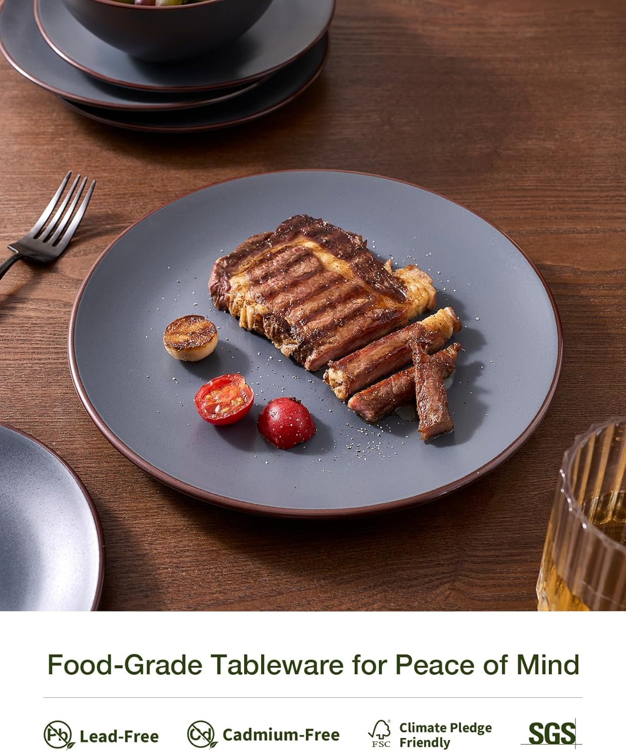 Famiware Venus Plates and Bowls Sets, 18 Pieces Stoneware Dinnerware Sets, Speckled Dishes Set for 6, Microwave and Dishwasher Safe, Matte Charcoal