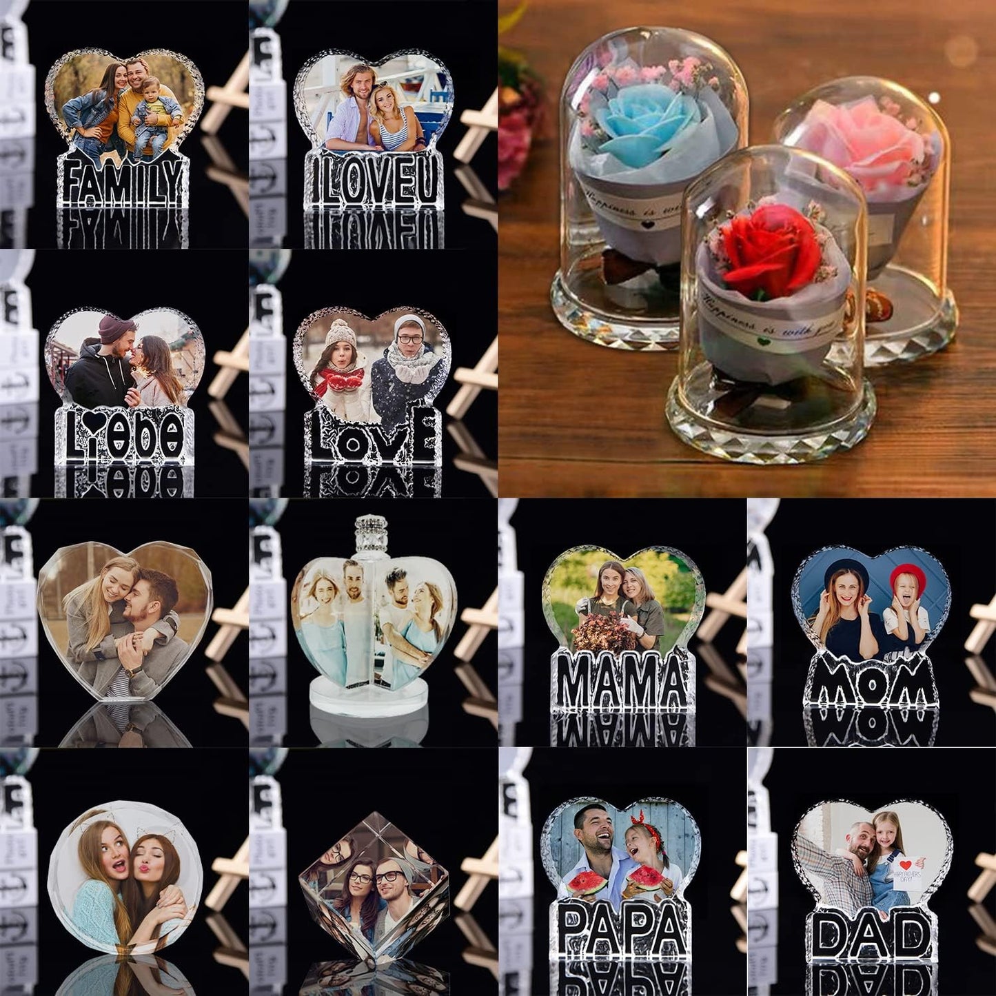 3D Crystal Photo, Heart-Shaped Love Photo Custom Night Light Personalized 3D Crystal Lamp with Bluetooth Rose Audio, Crystal Photo Frame Best Gift for Couple Love Women Men Wedding Christmas