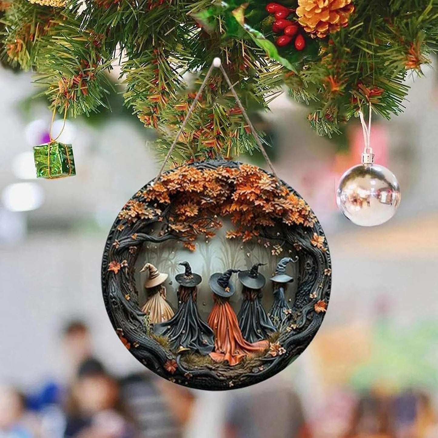 Fanyil/Olygee/Sherum/Shirem/Pubyfun/Glosrity/Libilin/Graddi/Solymody/Gowebs/Goredny/Vianys Witching Hour, Door Way Hanging Decor Halloween, 2D Wooden Round Witches Sign (B+C, ‎7.87")