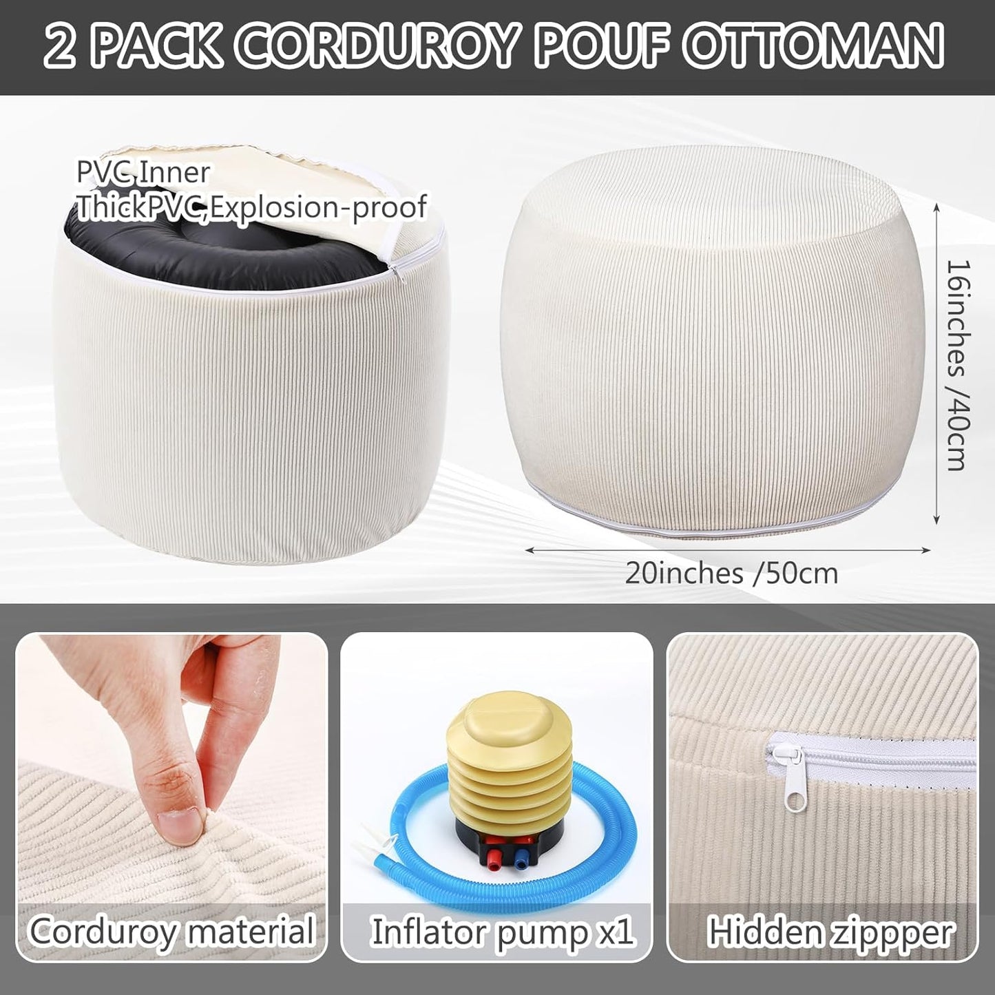 2 Pack Round Inflatable Pouf Ottoman Foot Rest for Couch 20 x 16 Inch Cozy Portable Floor Corduroy Poufs Foot Stool Ottoman with Pump for Living Room Bedroom Chair, Beige