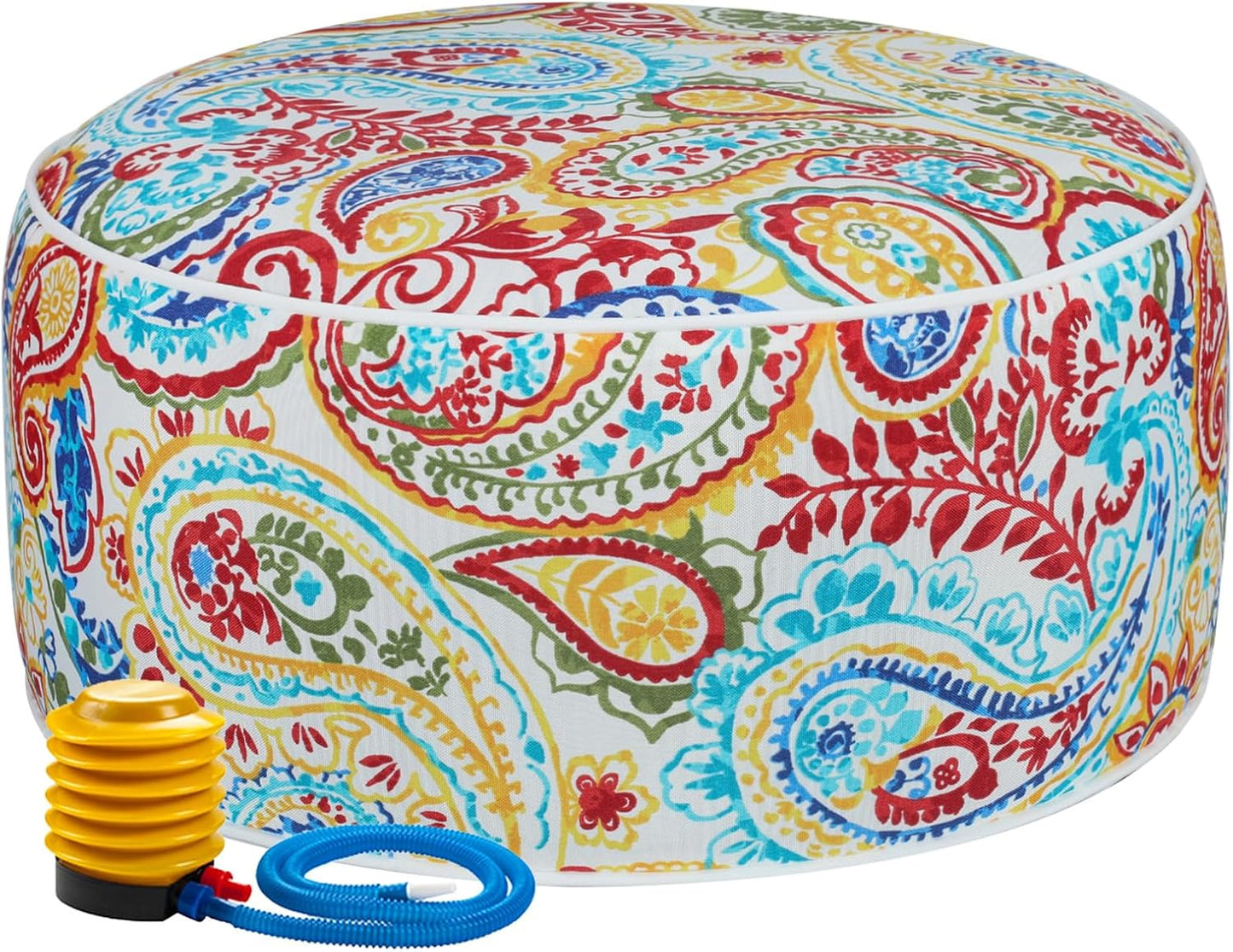 FUNHOME Inflatable Outdoor Ottoman with Air Pump,20"x9" Portable Patio Pouf,Water Resistant,Fade-Resistant,Round Blow Up Footrest Stools for Home Garden Camping Travel(Phoenix)