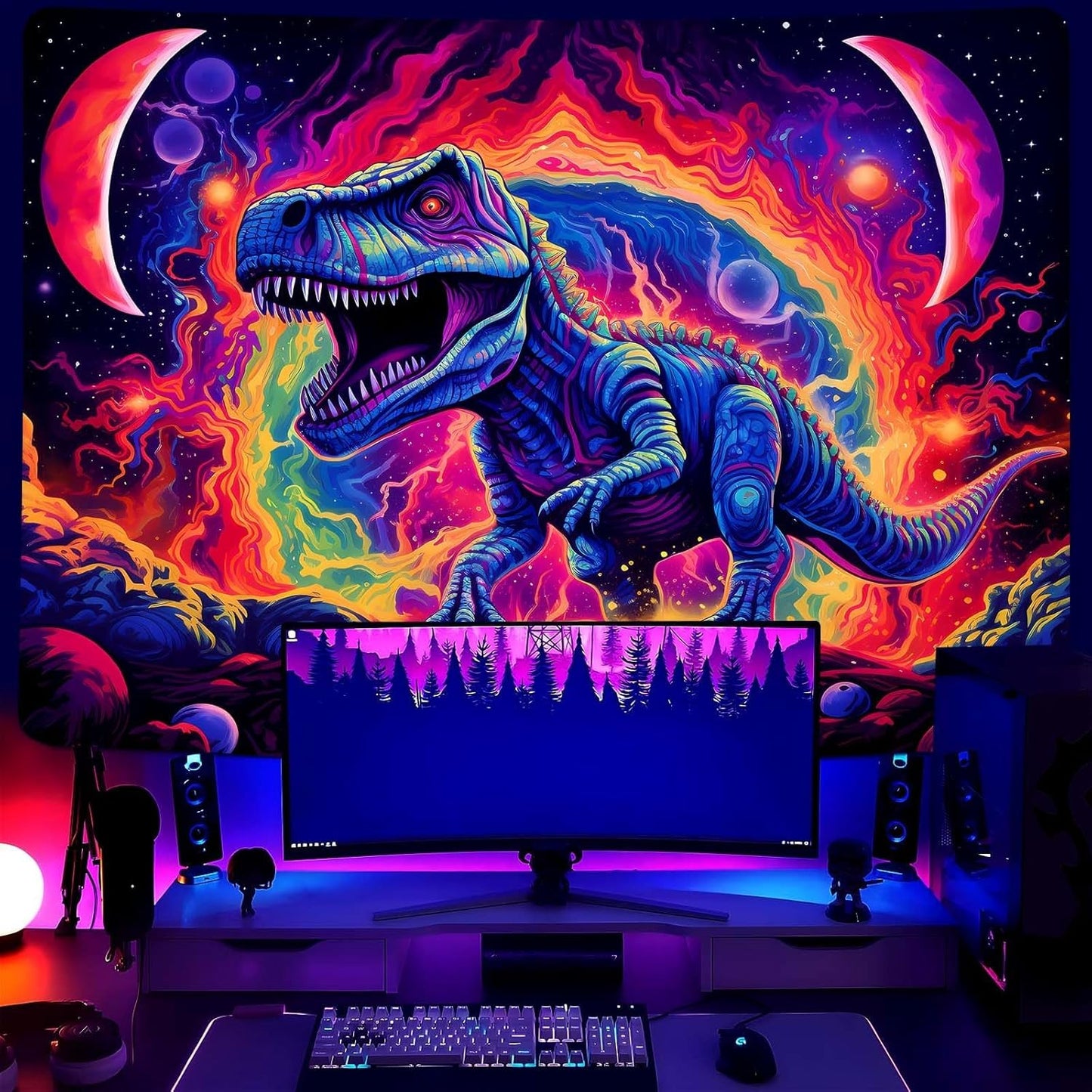 Dinosaur UV Tapestry, Dino Wall Art for Boys Room (80x60in)
