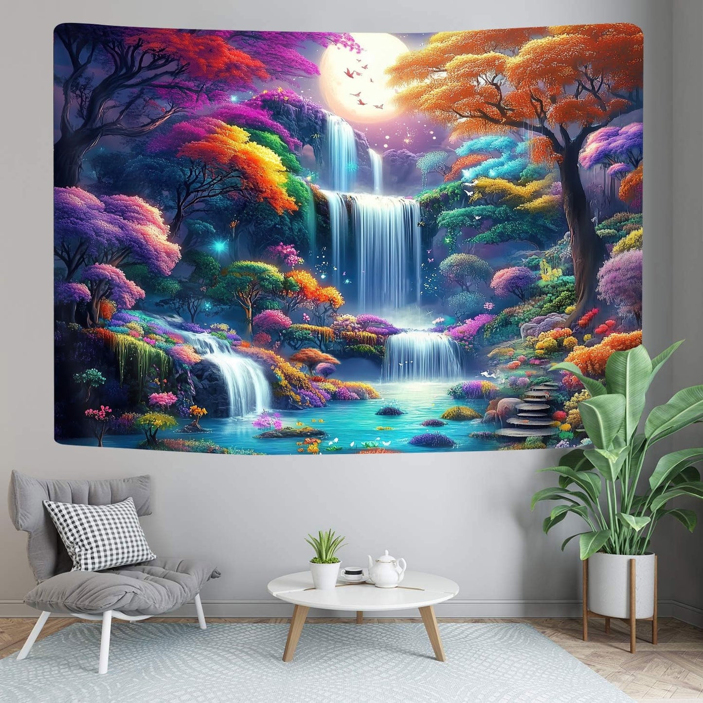 GOAOK Fantasy Enchanted Forest Tapestry, Fairytale Wonderland Colorful Tree Waterfall Art Moon Magical Aesthetic Landscape Tapestry Wall Hanging for Bedroom College Dorm Room?60"X40"Inch