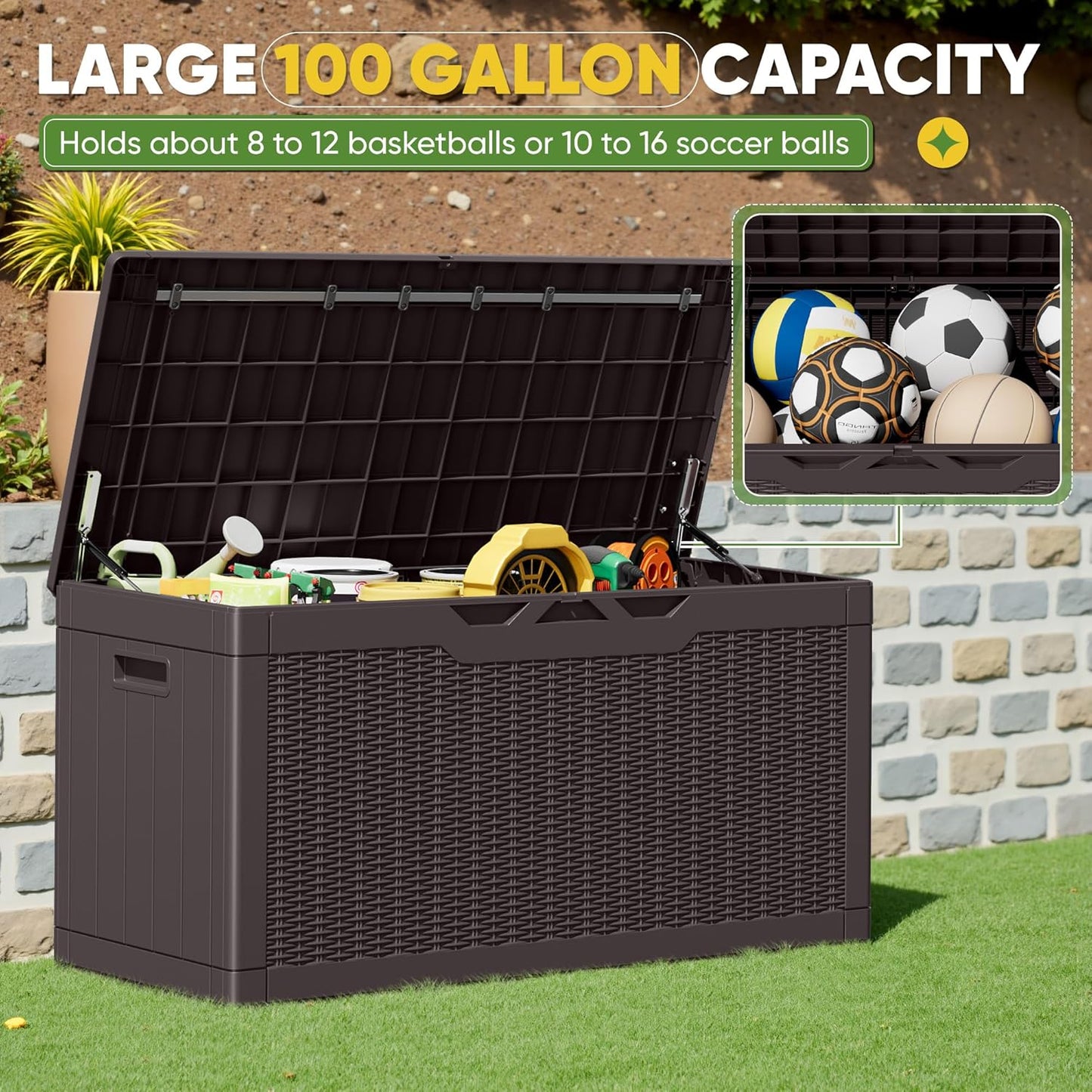 Greesum 100 Gallon Resin Deck Box Lockable Large Outdoor Storage Boxes for Garden Tools, Patio Furniture Cushions, Pool Supplies, Dark Brown