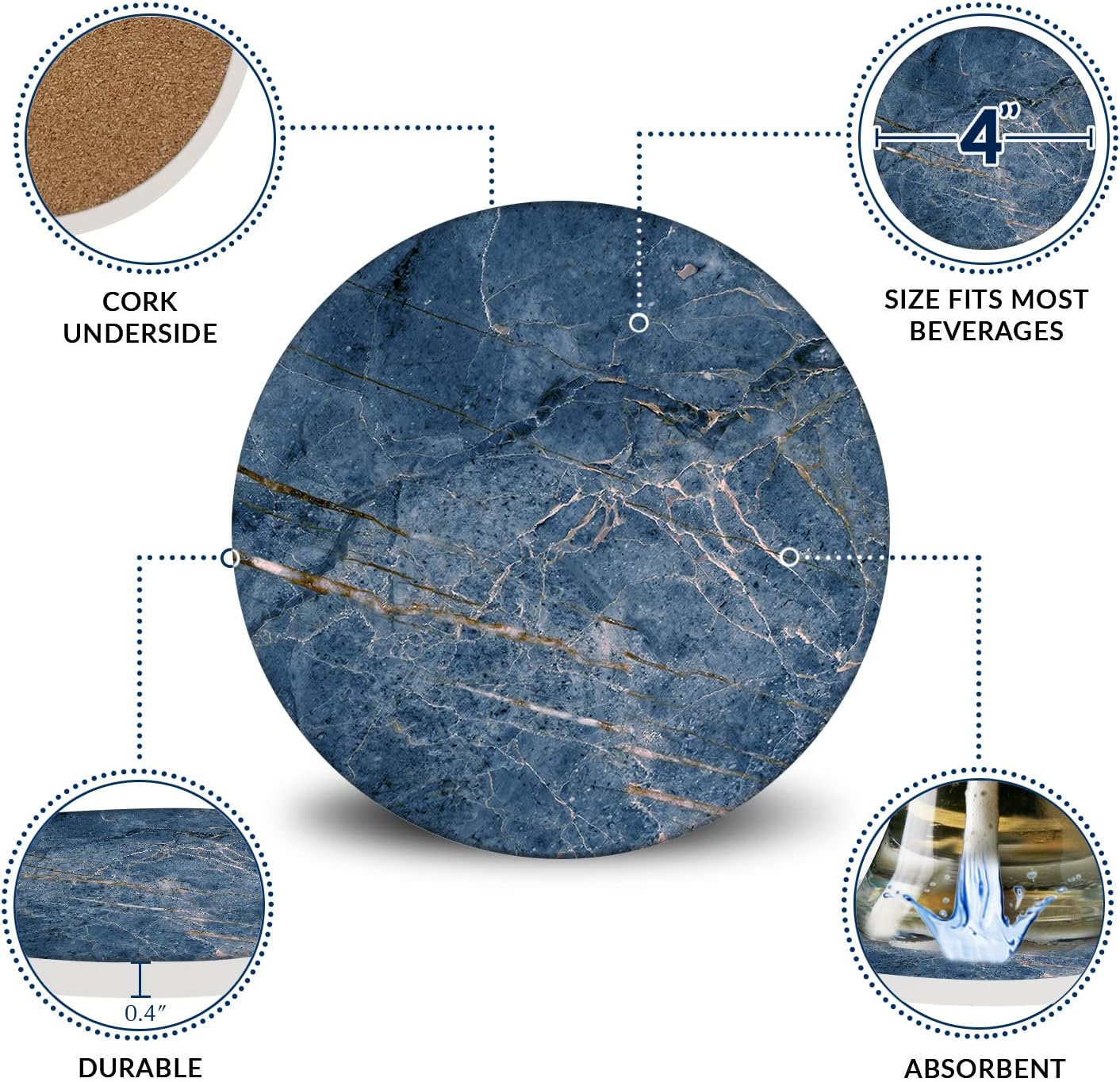 Emerson Coasters for Drinks Absorbent – Natural Stone Drink Coasters Set with Holder, Coasters for Coffee Table, Wooden Tabletop Protection Marble Style – 100% Heavy Duty Set of 6 (Ocean)