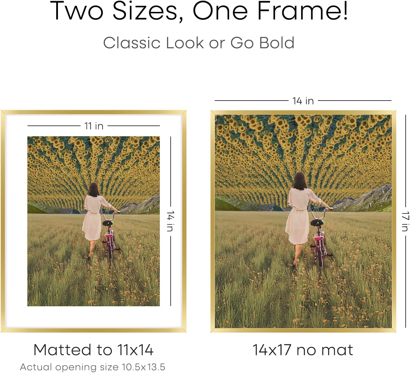 Homeforia 14x17 Picture Frame Gold, High End Metal 14x17 Poster Frames with Mat 11x14 Photo, 14 x 17 Gold Frames Matted to 11 by 14 Print, 17x14 Thin Hanging Frames, Tempered Glass, Wall Kit, Set of 1