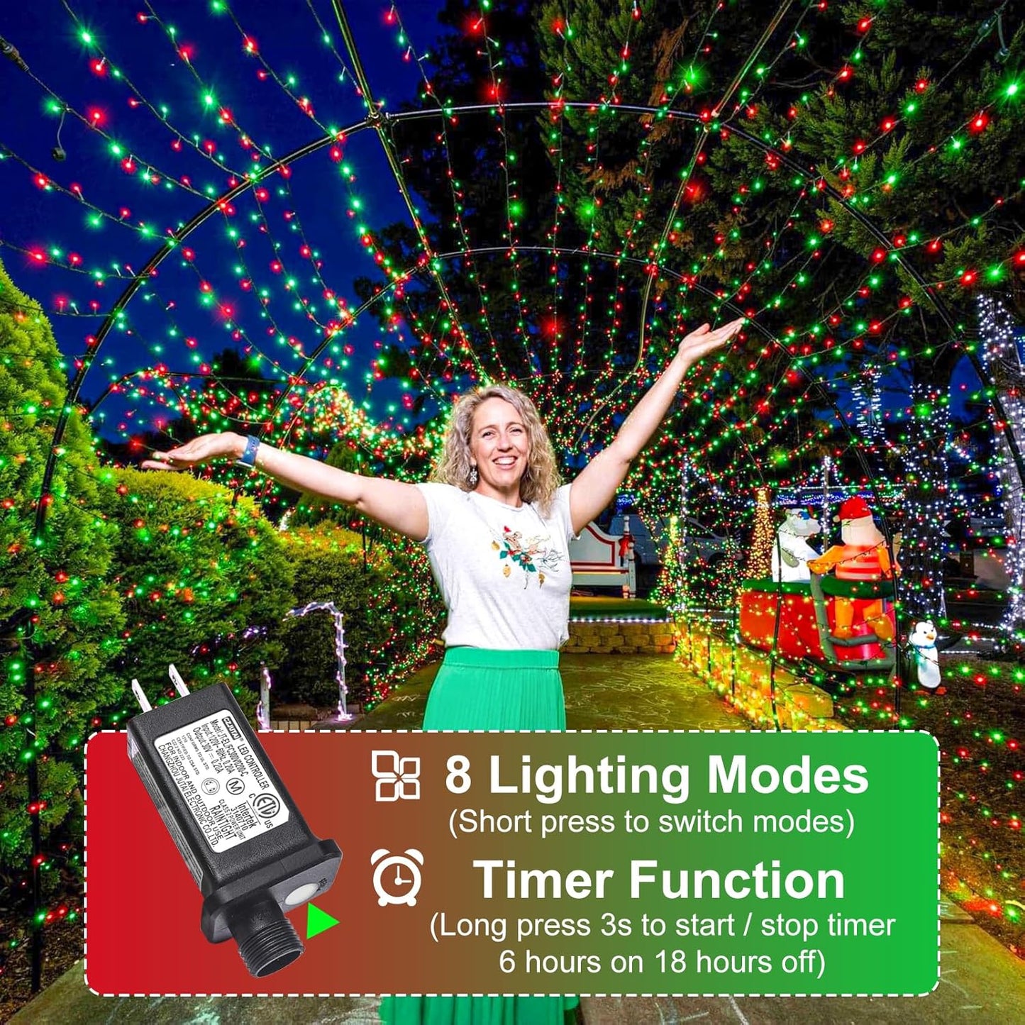 262FT 800 LED Christmas Lights, Plug in Christmas Tree Lights Outdoor with Timer and 8 Modes, Green Wire Waterproof String Light for Indoor House Yard Patio Wedding Decorations, Red Green
