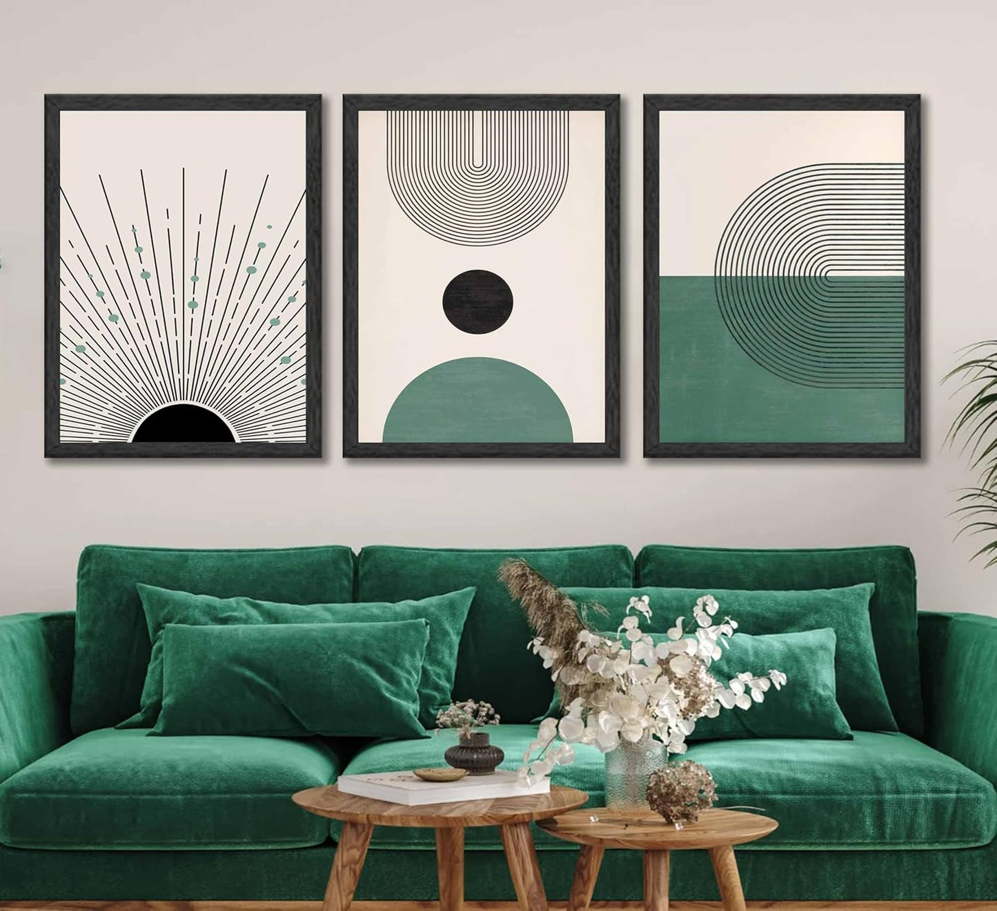 3 Pcs Sage Green Boho Canvas Wall Art Modern Abstract Minimalist Neutral Bohemian Sun Geometric Line Painting Picture Wall Decor Poster Print Artwork for Living Room Bedroom Home Decoration Unframed