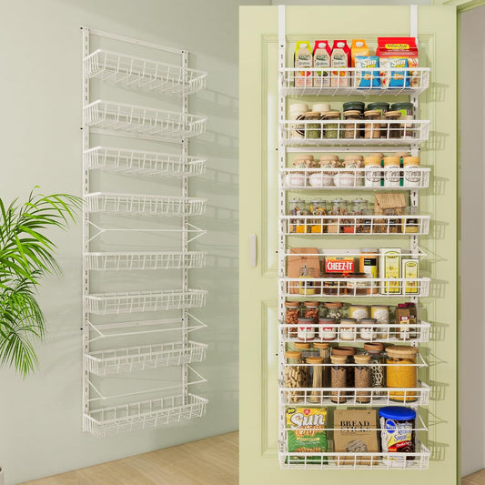 Over The Door Pantry Organizer, Wall Mount Spice Rack, Pantry Hanging Storage and Organization, 8 Adjustable Baskets Heavy-Duty Metal for Home & Kitchen, Back of Door Seasoning Rack - White