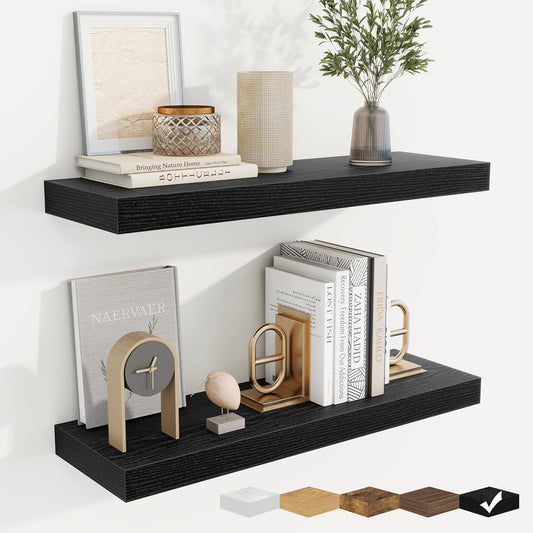 fuqing Floating Shelves for Wall, Bathroom Shelf Wall Mounted for Storage, Shelves with Invisible Bracket for Bedroom, Kitchen, Living Room, Farmhouse Small Book Shelf, 24 Inch Set of 2, Black