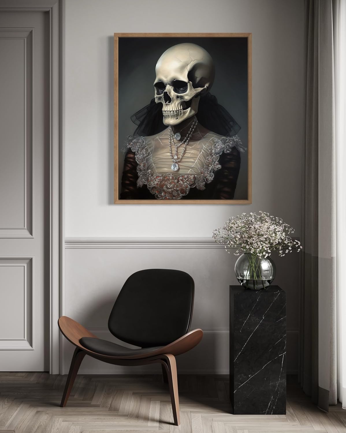 Female Skull Poster Art Print, Halloween Scary Vintage Wall Art Academia Spooky Painting Decoration for Horror Prints, Gothic Posters Bedroom Decor 89 (Female Skull, 16 x 20 inches, Wood Frame)