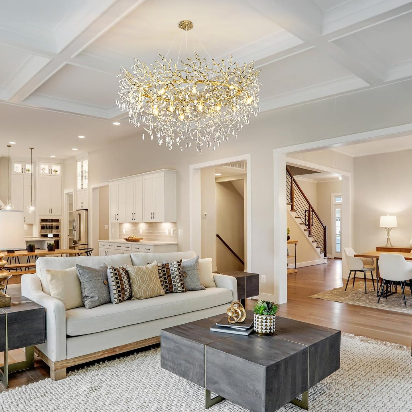 14-Light Modern Large Crystal Chandelier for Dining Room, 48" Round Gold Crystal Tree Branche Chandelier, Living Room Crystal Chandelier, Crystal Chandeliers for High Ceiling,Entryway,Foyer