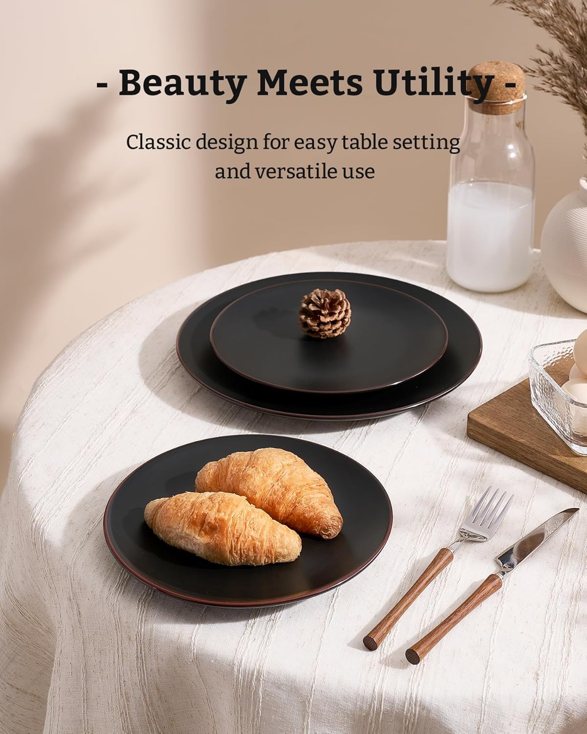 Famiware Venus Plates and Bowls Sets, 18 Pieces Stoneware Dinnerware Sets, Dishes Set for 6, Microwave and Dishwasher Safe, Matte Black