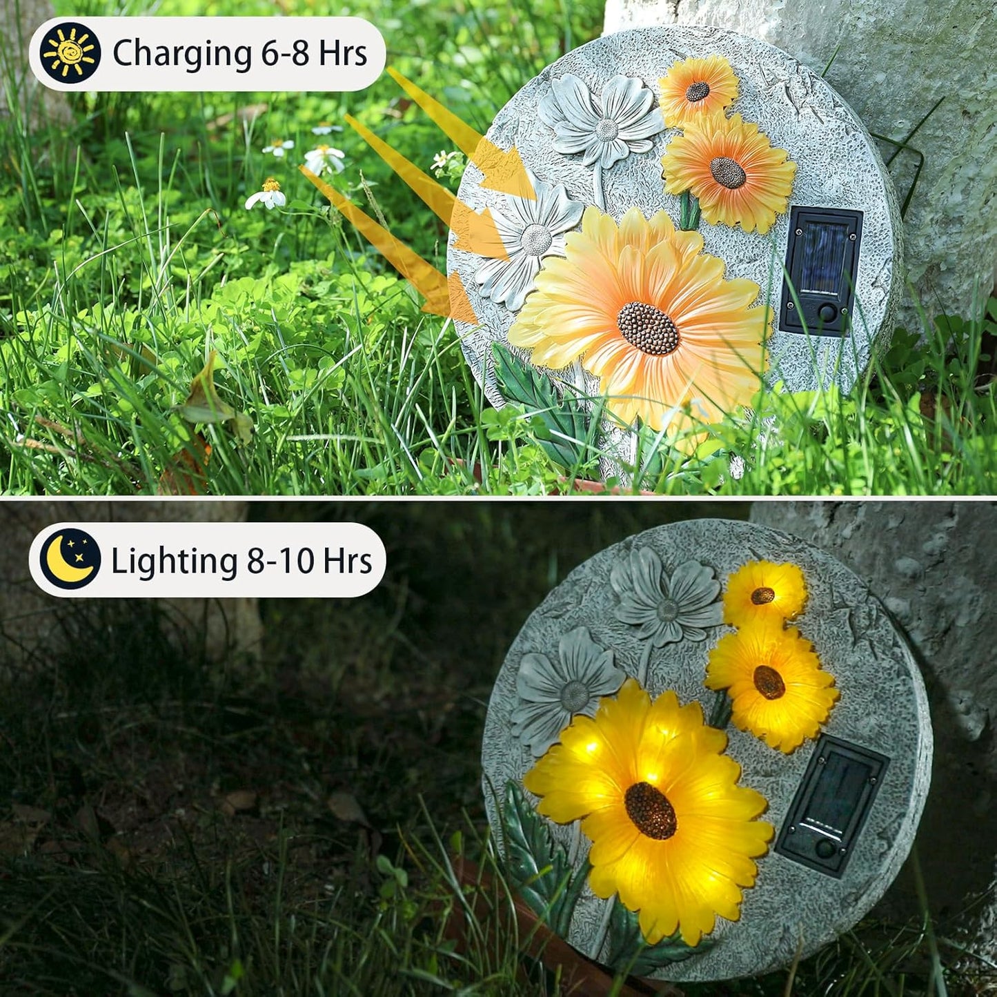 DREAM GARDEN Garden Décor Sunflower Outdoor Decorative Stones, Solar Garden Stone Resin Outdoor Garden Stone Patio, Walkway Stones Yard Art, 10.75 Inch