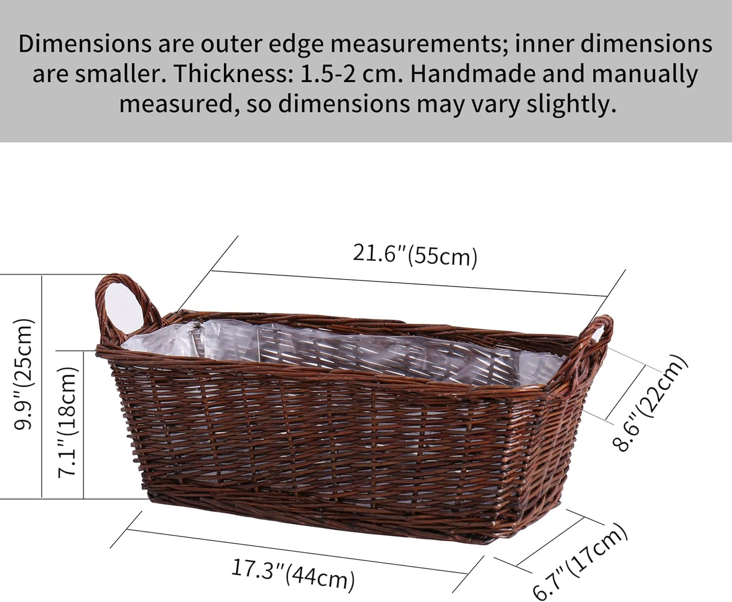 Handcrafted Wicker Planter, Flower Pot Cover, Plant Window Box, Plant Container, Natural Brown Unpeeled Willow, Long Rectangular