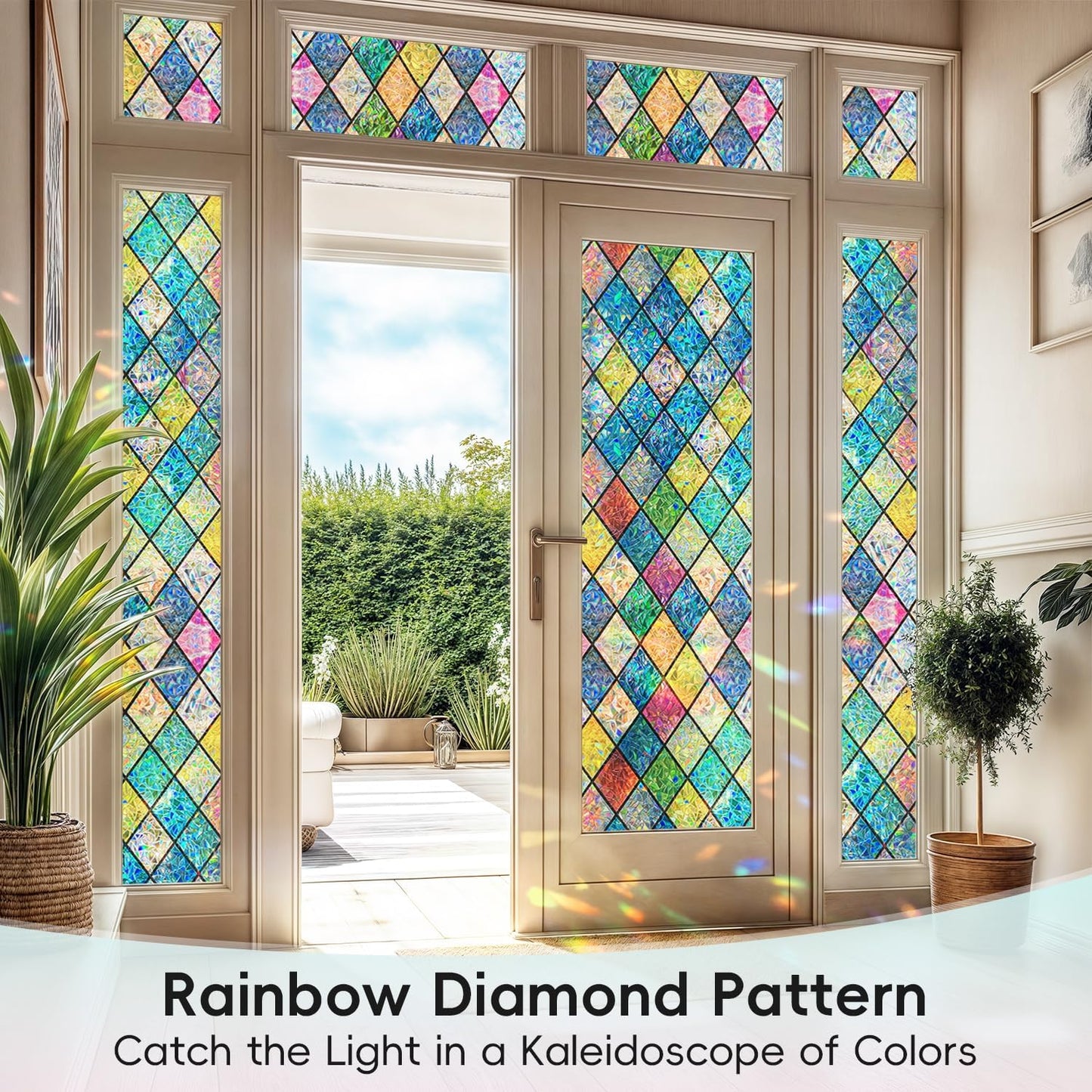 DUOFIRE Stained Glass Window Film Decorative Window Privacy Film Rainbow Diamond Grid Colorful Lattice Windows Cling Anti UV Static Cling Reusable Windows Decal for Home 23.6×78.7 inch