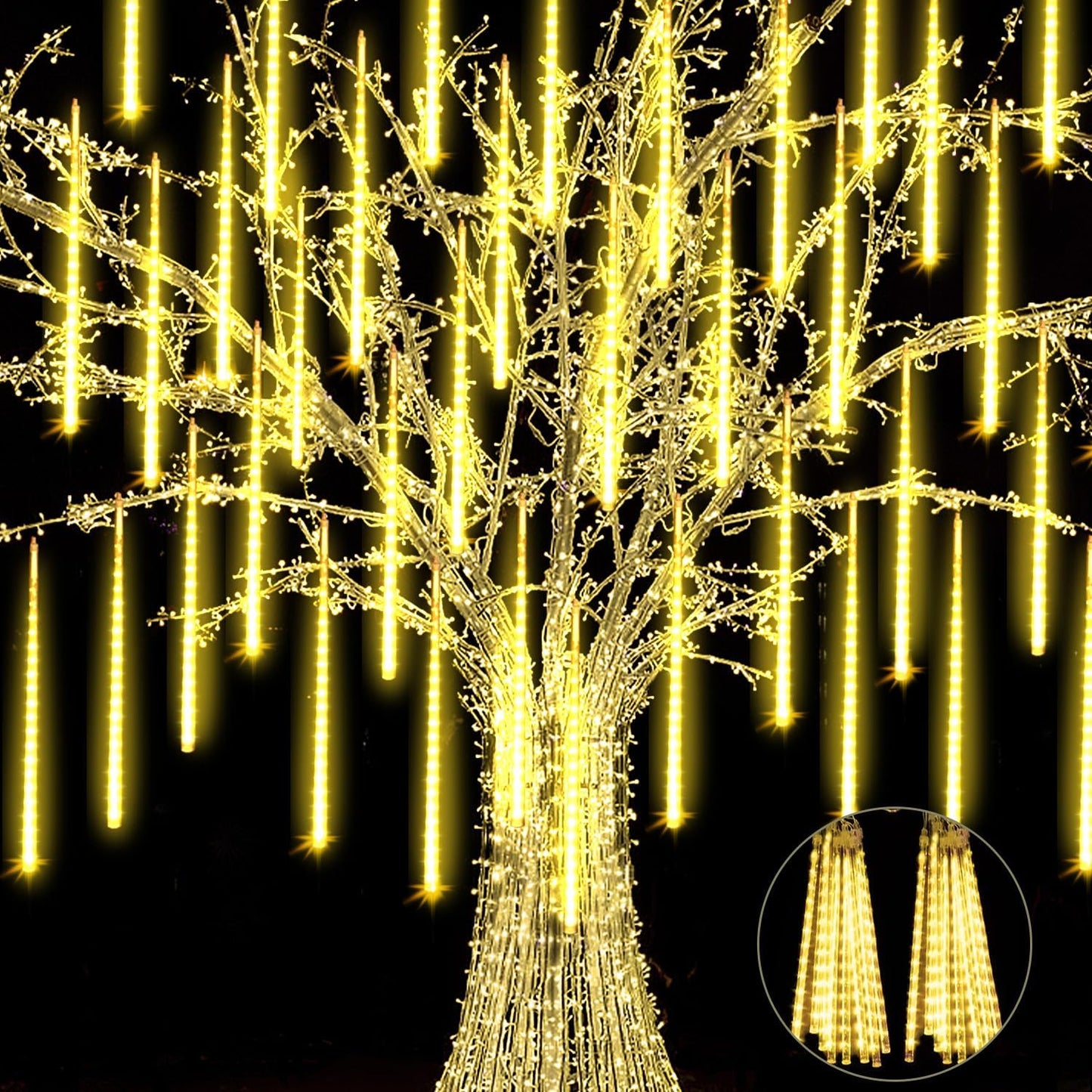 2 Pack Christmas Meteor Shower Rain Lights 12inch, 20 Tube 480 LEDs Icicle Outdoor Raindrop for Xmas Halloween Wedding Party Tree Holiday Decoration, Warm White