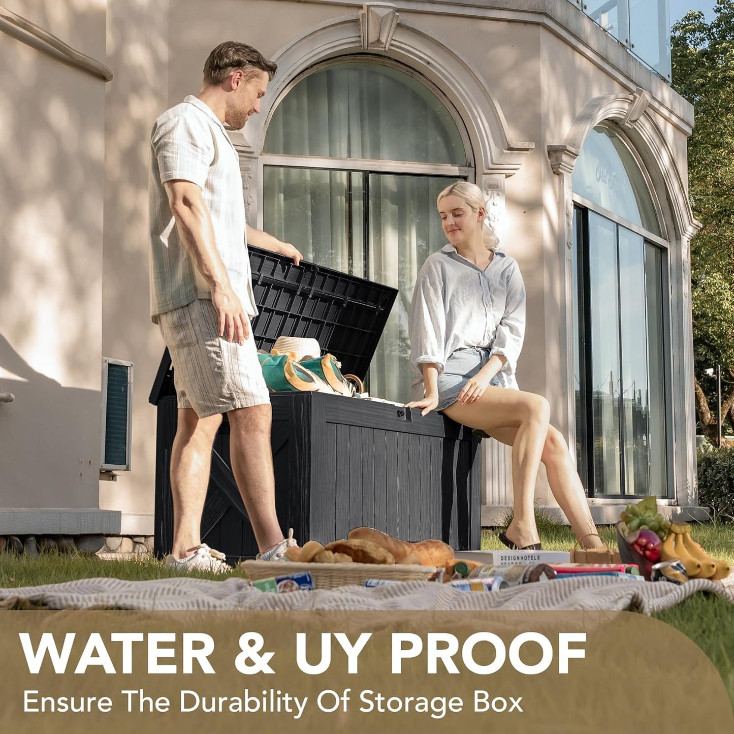 Devoko 120 Gallon Deck Box Resin Outdoor Storage Box Waterproof for Patio, Large Outdoor Storage Bench Lockable for Outside (Black)