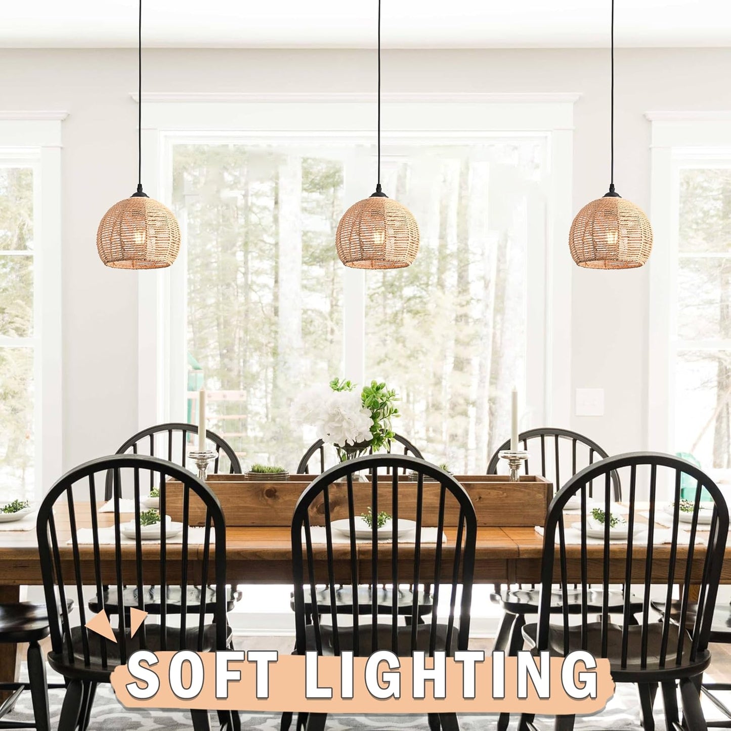 3 Pack Wicker Pendant Light Natural Woven Pendant Light Boho Chandelier Light Fixture Dome Rustic Farmhouse Pendant Lights Rattan Light Fixture for Dining Room Kitchen Island (Bulb Incl.)