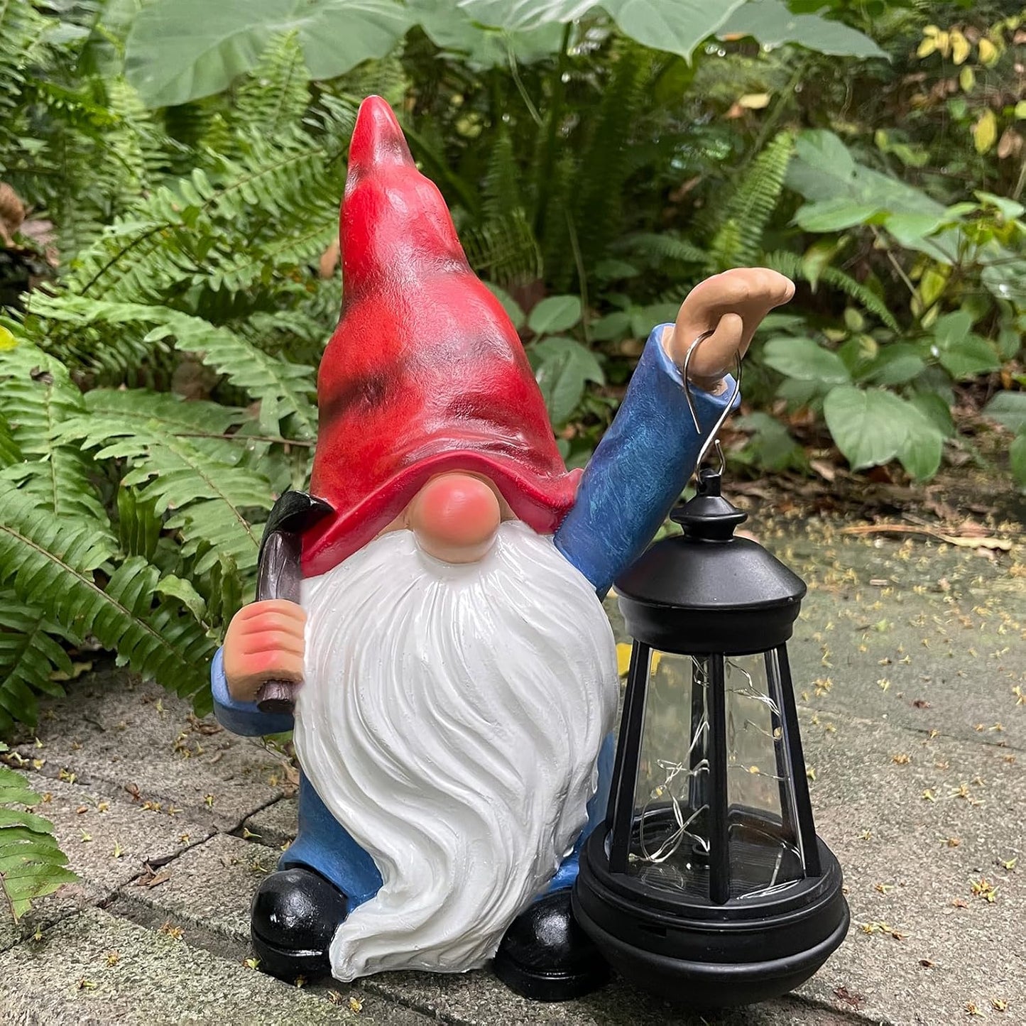 Garden Gnome Outdoor Decoration with Hammer Solar Gnomes Figurines with Lantern LED Lights Yard Lawn Patio Porch Decoration Gift for Woman Mother's Day Birthday Housewarming Gifts