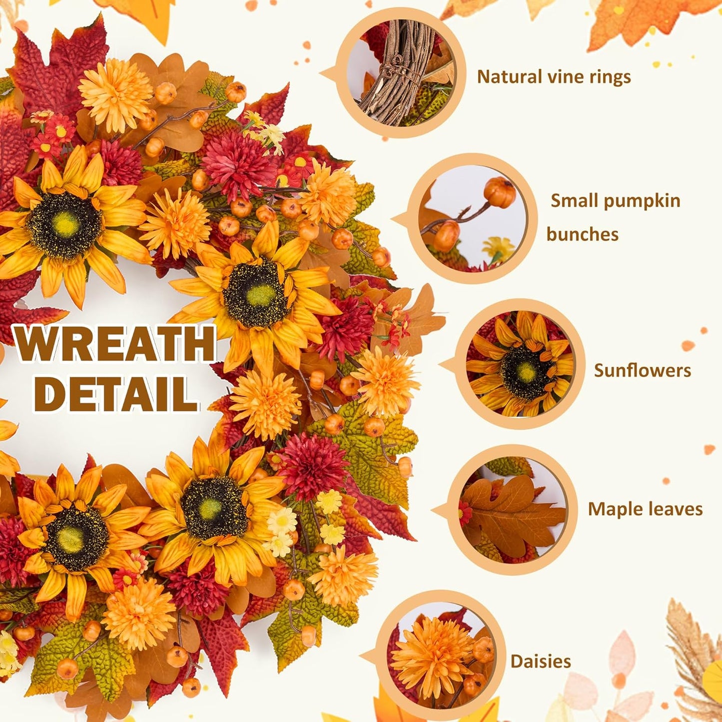 GENMOUS 24 Inch Fall Wreaths for Front Door, with Mini Pumpkin Skewers- Sunflower Wreath, Autumn Fall Decor Maple Leaf Daisy Thanksgiving Halloween Home Party Fall Decoration Indoor Oudoor