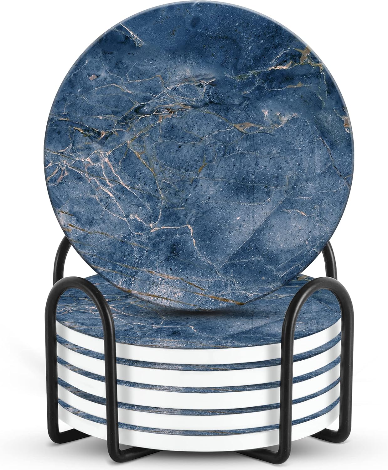 Emerson Coasters for Drinks Absorbent Set of 6 with Holder – Marble Style Coasters – Coasters for Drinks – Drink Coasters for Coffee Table – 100% Ceramic Stone Non Slip – Heavy Duty (Ocean)