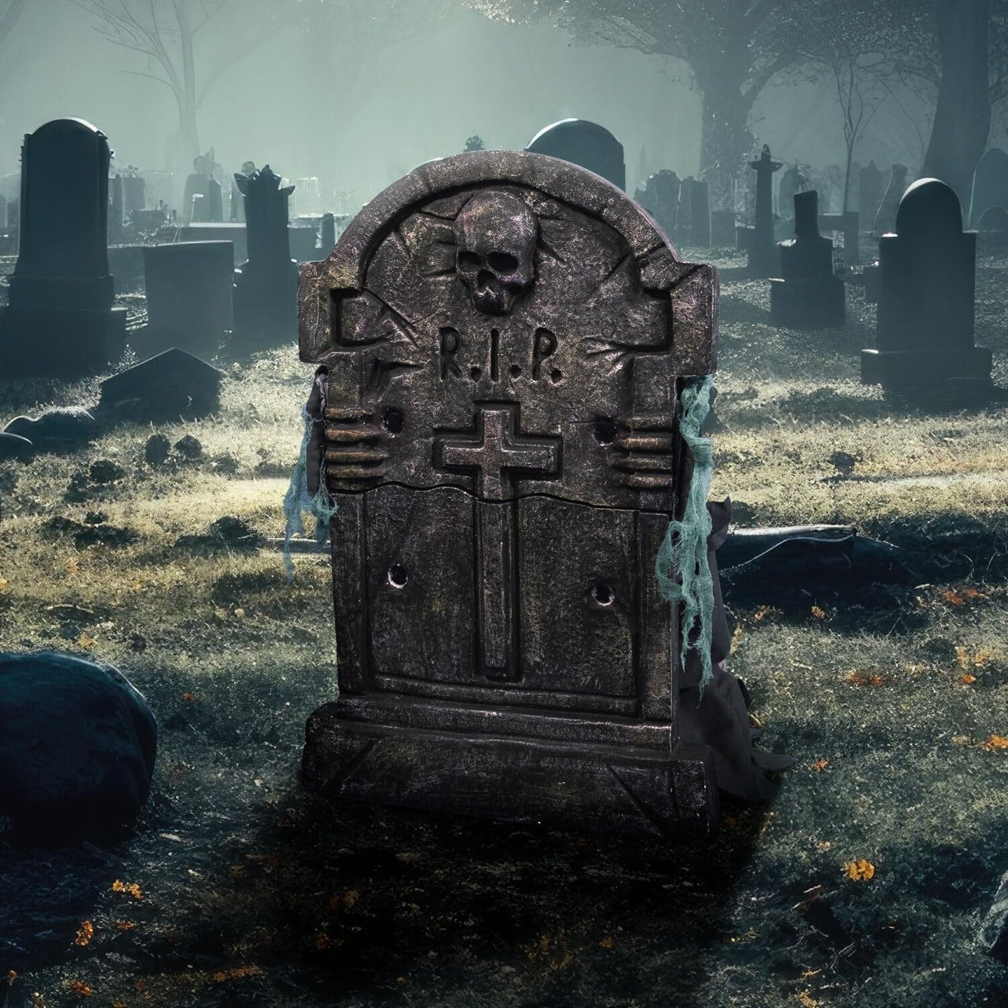 Haunted Hill Farm Tombstone Lifter by Tekky, Battery-Operated, Sound Activated Animatronic Zombie with Sound Effects and Lights for Indoor or Covered Outdoor Creepy Halloween Decoration