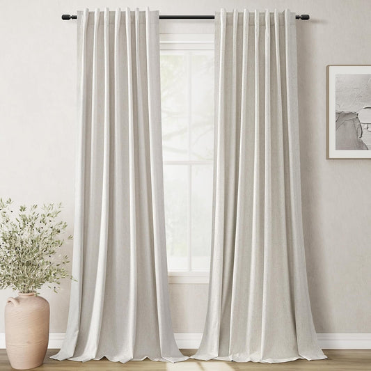 108 Inch Black Out Curtains 2 Panels Set Back Tab Thermal Insulated Natural Linen Textured Blackout Curtains Noise Reducing Cream Colored Neutral Living Room Darkening Window Drapes Pleated 52x108
