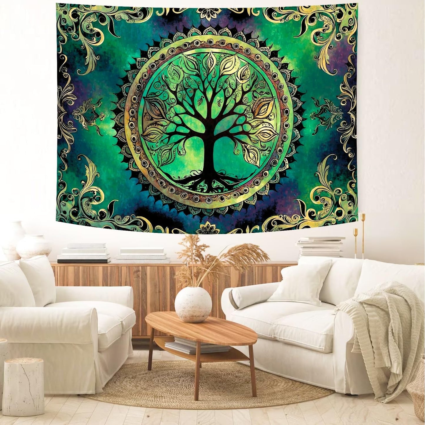 Delur Tree of Life Tapestry Green Nature Bohemian Mandala Spiritual Tapestry Wall Hanging Mystical Landscape Hippie Psychedelic Headboard for Bedroom Living Room Home Decor (59.1" x 78.7")