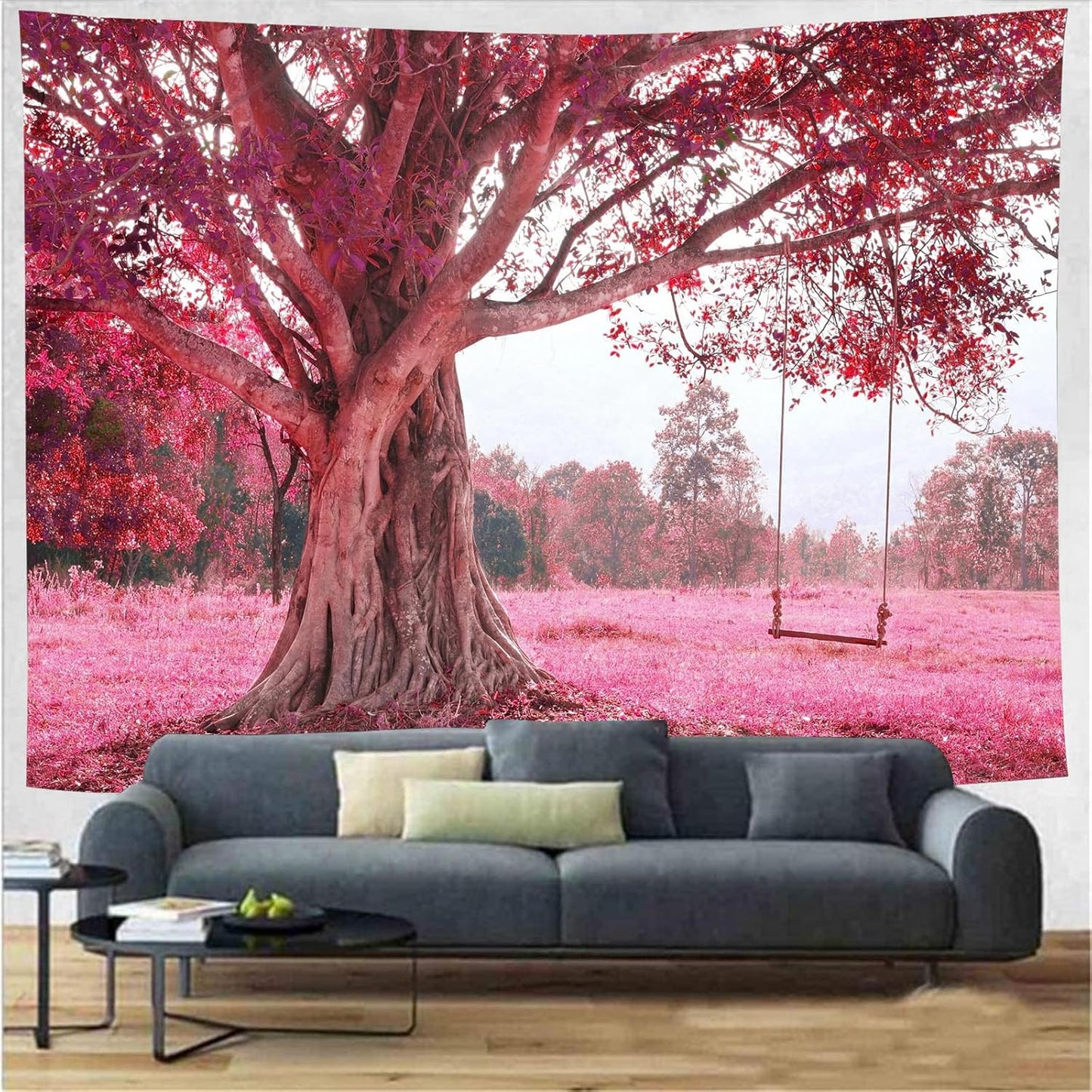 FENDROM Autumn Pink Flower Tapestry Window View Wall Hanging, Nature Forest Floral Trees Garden Scenic Tapestries for Living Room Home Office Dorm