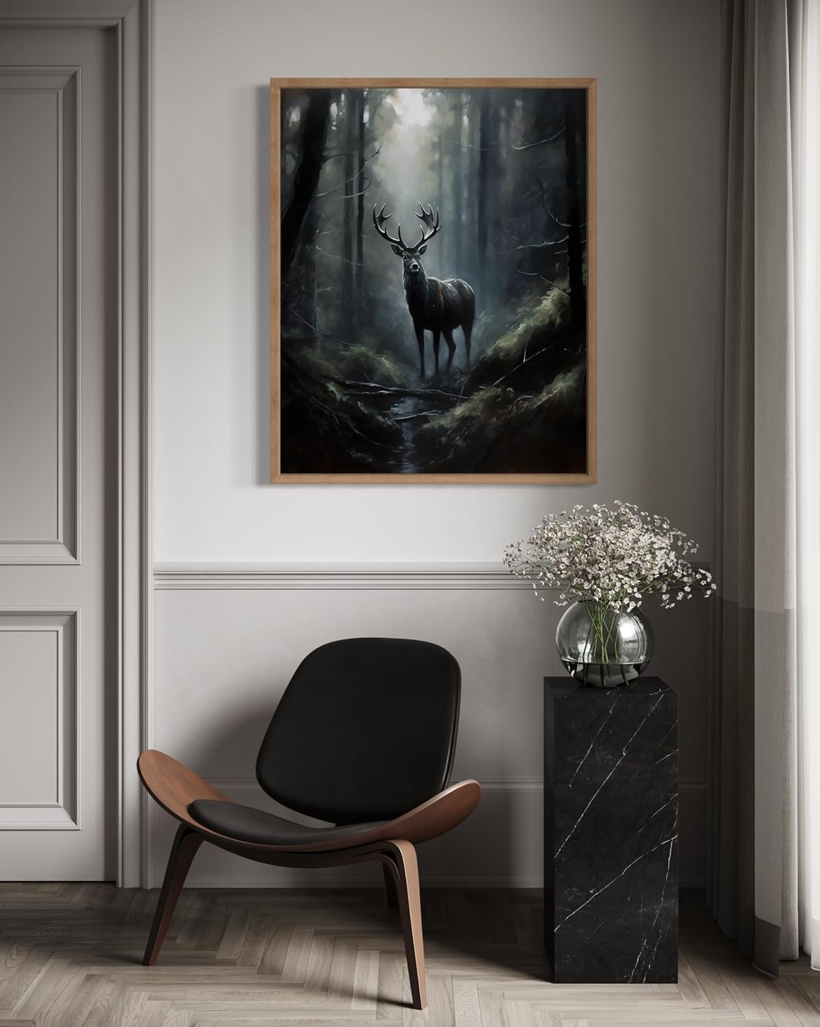 Deer in Forest Poster Art Print, Halloween Scary Vintage Wall Art Academia Spooky Painting Decoration for Horror Prints, Gothic Posters Bedroom Decor 89 (Deer in Forest, 11 x 14 inches, Wood Frame)