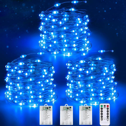 3 Pack Fairy Lights Battery Operated with Remote Control Timer, 26 FT 80 LED String Lights Outdoor Indoor Decoration, 8 Modes Twinkle Lights for Christmas Party Wedding Birthday Bedroom Décor (Blue)