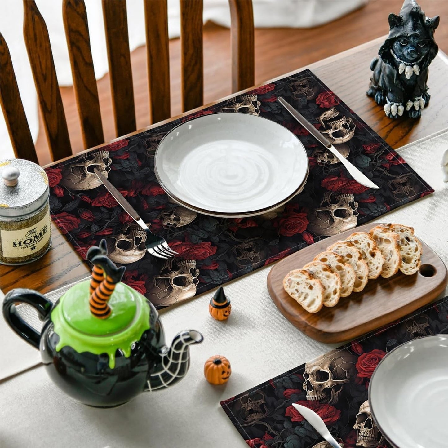 Halloween Skull Rose Placemats, Washable Heat Resistant 12×18 Inch Table Mats Floral Place Mats for Party Outdoor Decoration Kitchen Dining Décor