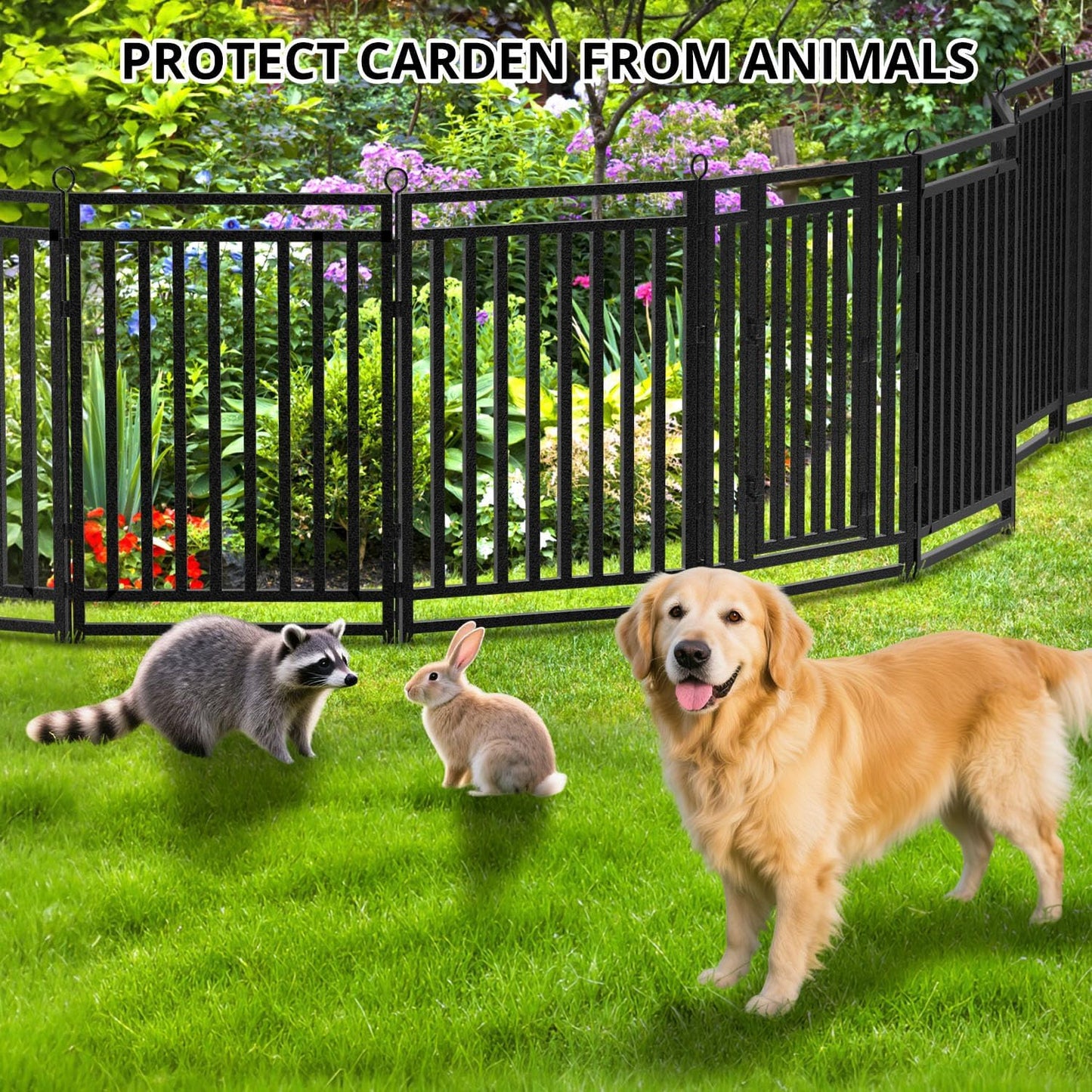 Decorative Garden Fence Metal Dog Fence Outdoor for Yard, 36ft (L) × 40in (H), 14 Panels + 2 Gates, Rustproof Animal Barrier Fencing for Patio & Flower Bed, No Dig, Black-Silver