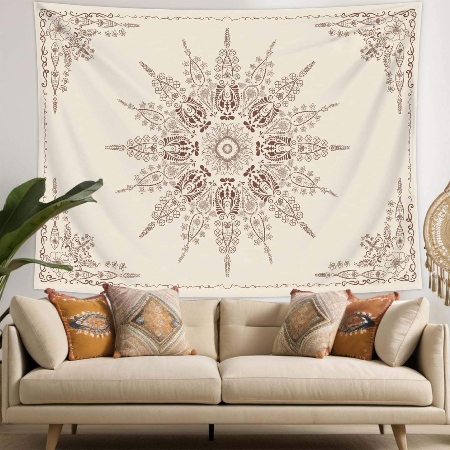 FORATER Floral Bohemian Tapestry, Flower Aesthetic Tapestry Indian Wall Hanging Boho Tapestries Mandala Room Decor for Bedroom Living Room Dorm (Flaxen, 61L x 53W)