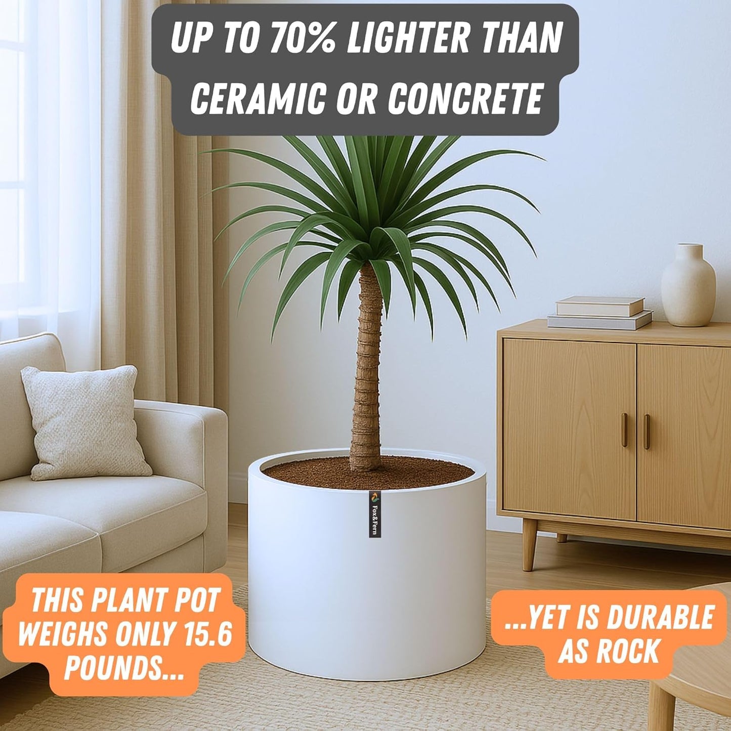 Fox & Fern 18.7 Inch Extra Large Planter — Premium Lightweight Fiberstone Matte White Plant Pot with Drainage Plug; Extra Large Planter for Indoor & Outdoor Use; Weather Resistant & UV Resistant