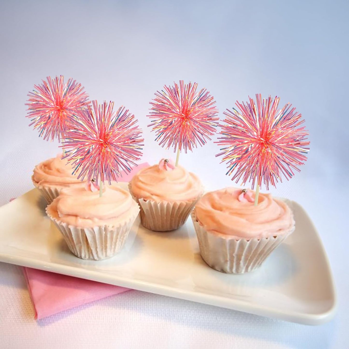 Ephlyn 30Pcs Foil Firework Cupcake Toppers Sparkle Tinsel Cupcake Picks Happy Birthday Cake Decorations Drink Stirrers Cocktail Food Fruit Toothpicks for Baby Shower Graduation Party Supplies Orange