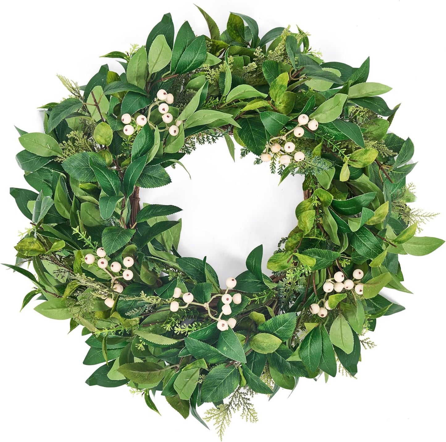 GENMOUS 24 Inch Christmas Wreaths for Front Door, Green Cypress Leaves Wreath with Cedar Laurel White Berries, All Season Indoor Outdoor Wedding Holiday Christmas Home Wall Door Porch Decor