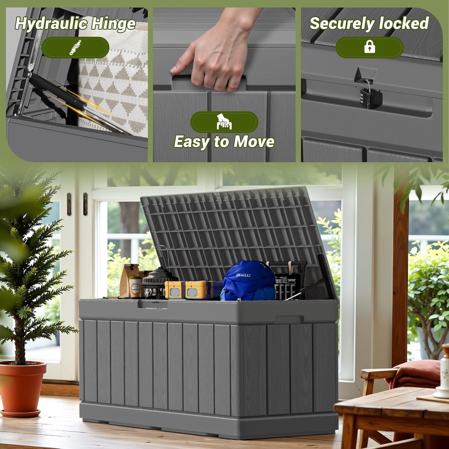 Devoko 80 Gallon Deck Box, Waterproof Resin Outdoor Storage Box for Outside and Patio, Outdoor Storage Bench Lockable for Patio Furniture, Garden Tools and Pool Supplies (Grey, 80 Gallon)