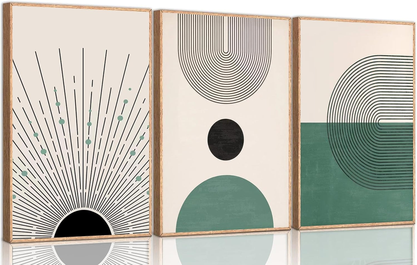 3 Pcs Sage Green Boho Canvas Wall Art Modern Abstract Minimalist Neutral Bohemian Sun Geometric Line Painting Picture Wall Decor Poster Print Artwork for Living Room Bedroom Home Decoration Unframed