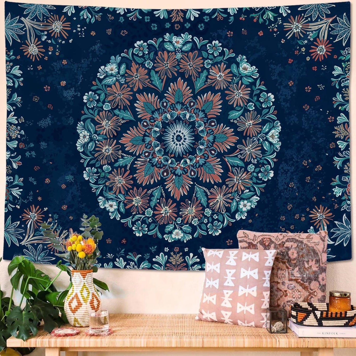 Fowocu Boho Floral Mandala Tapestry Wall Hanging Blue Bohemian Flower Medallion Tapestry Aesthetic Vintage Navy Hippie Indian Small Tapestries for Bedroom Living Room Dorm Decor 60 x 44 Inch