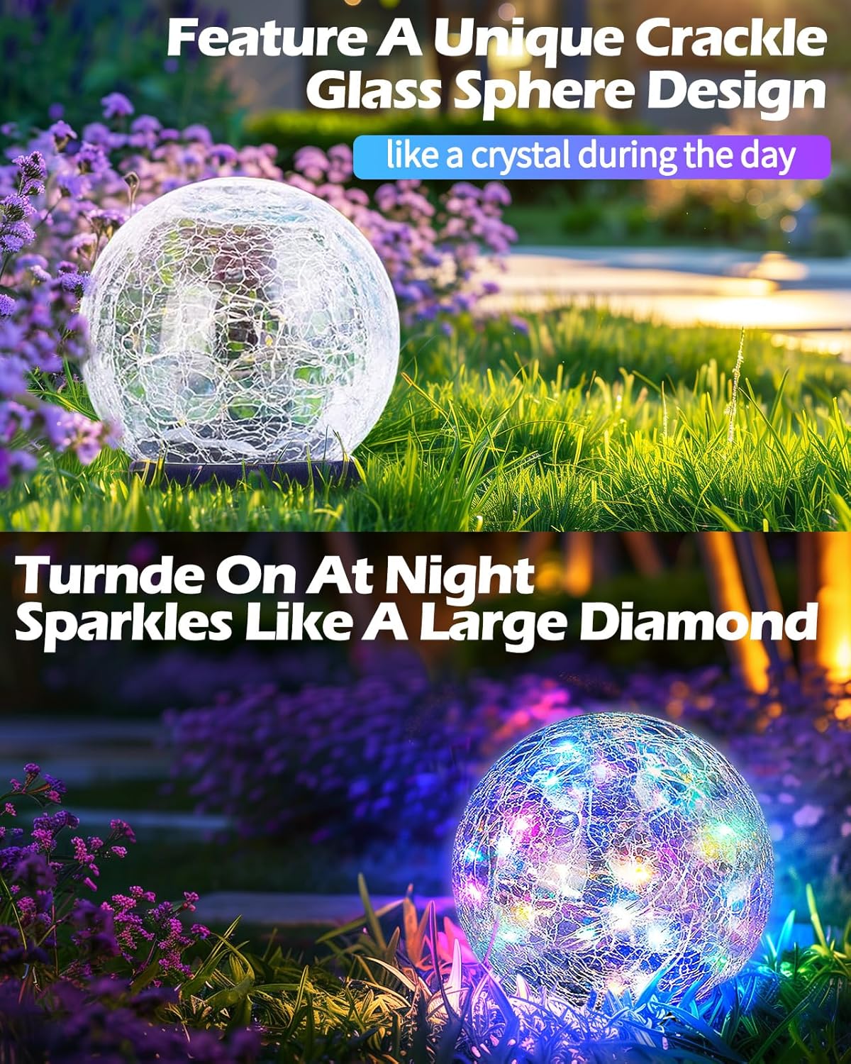 Garden Solar Ball Lights Outdoor Waterproof, 30 LED Cracked Glass Globe Solar Power Ground Lights for Path Yard Patio Lawn, Christmas Decoration Landscape Colorful (2 Pack 3.9'')