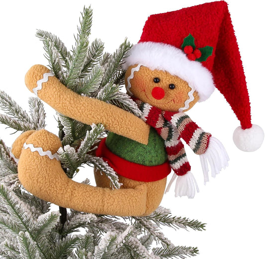 Gingerbread Man Christmas Tree Topper Decorations, Unique Funny Tree Topper Xmas Plush Stuffed Santa Hat Gingerbread Hugger Decor for Christmas Tree Wine Bottle Curtain Ornaments Holiday Home Decor