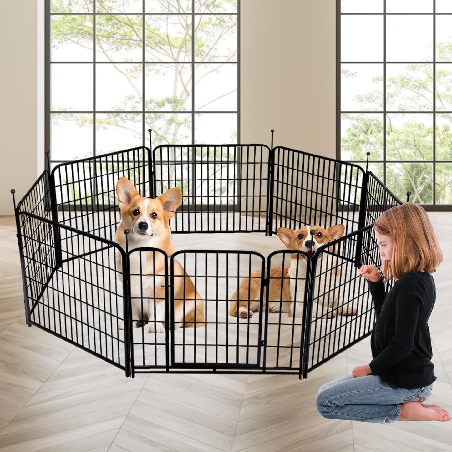 Garden Fence with Gate 36 in(H)×27 in(L) 4 Panels, Heavy Duty Iron Animal Barrier Fence, Rabbit Fence for Garden, Suitable for Indoor Pet Or Outdoor Dog Fencing, Total 8.9 Ft(L), Black